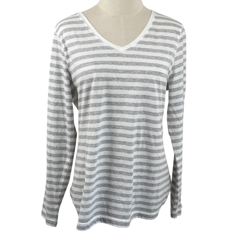 Danskin Now XL Active Tee Grey White Striped V Neck Long Sleeve Breathable Basic